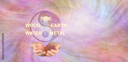 The 5 Elements of Traditional Chinese Medicine - yin yang symbol above a pair of cupped hands and the words FIRE WOOD EARTH WATER METAL against an ethereal energy background
 photo