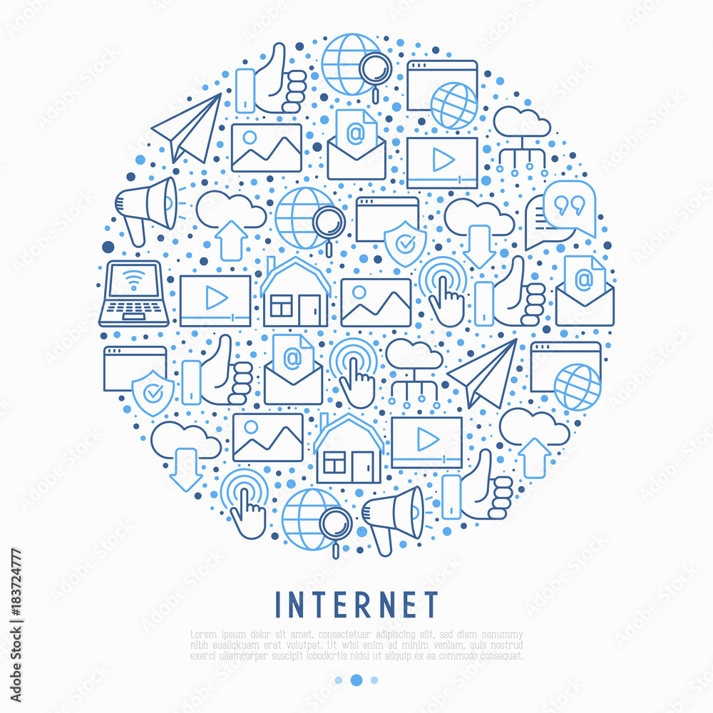 Internet concept in circle with thin line icons: e-mail, chat, laptop, share, cloud computing, seo, download, upload, stream, global connection. Modern vector illustration for web page.