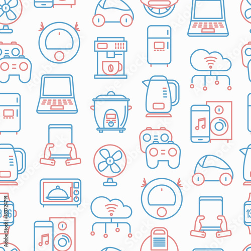 Internet of things seamless pattern with thin line icons: laptop, smart watch, cloud computing technology, kettle, speaker, smart car, robot vacuum. Vector illustration.
