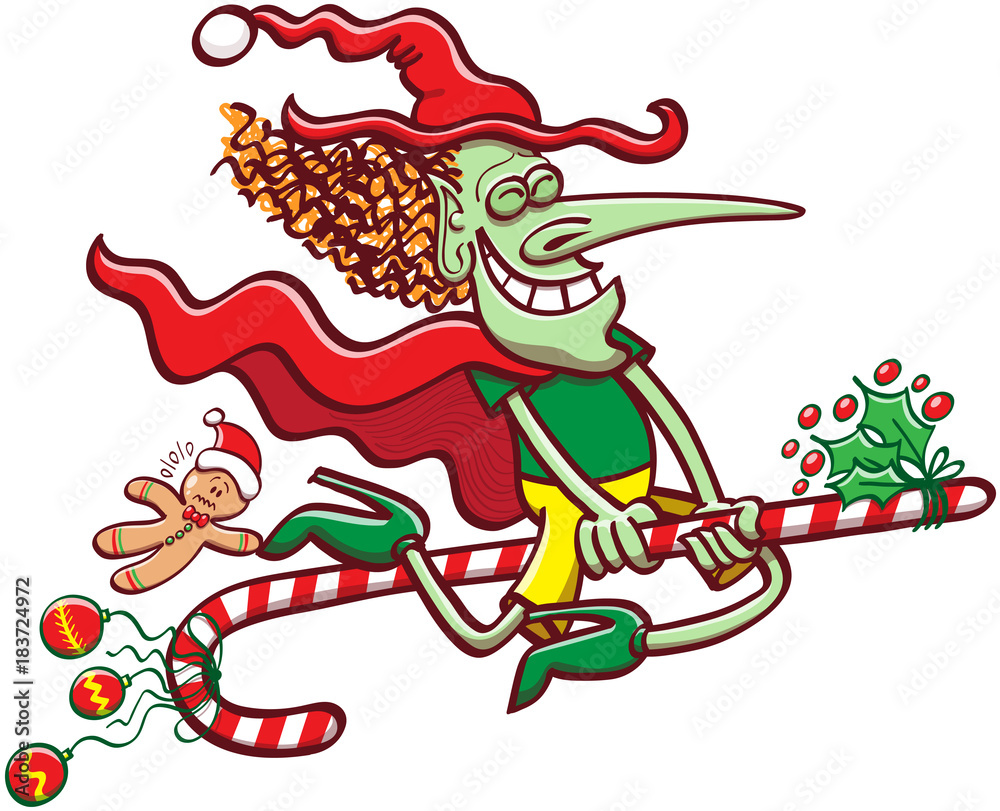 Mischievous witch clenching her eyes, smiling and wearing red and green clothes while flying on a Christmas candy cane, exhibiting baubles and ornaments and taking a cookie man for a ride