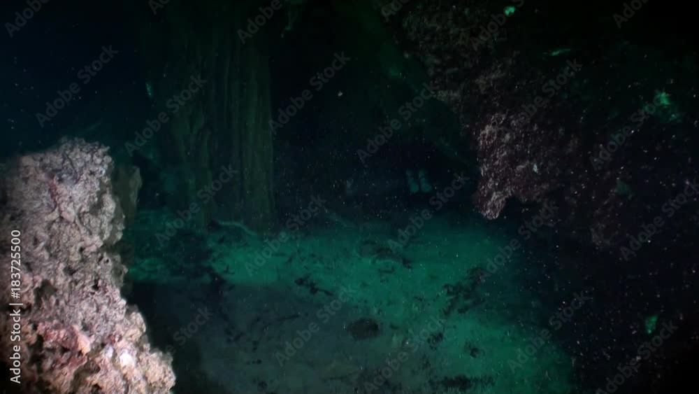 Scuba diving underwater in caves of Yucatán Mexico cenotes. Clean and clear underground water.