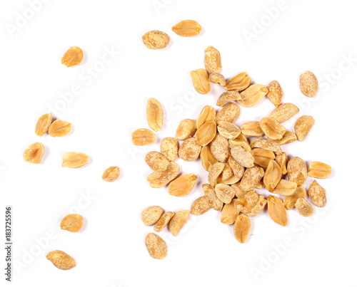 Pile salted and marinated peanuts isolated on white, top view