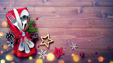 Vintage Silverware With Empty Table And Christmas Decoration
