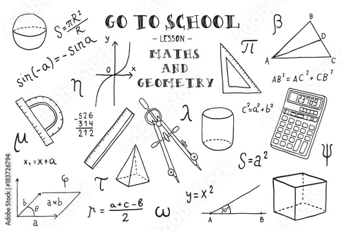 Maths and geometry. Hand sketches on the theme of Maths and geometry. Vector illustration.