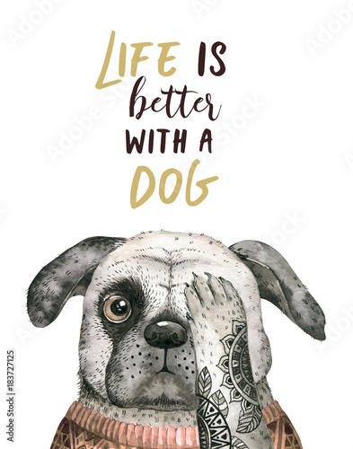 Plakat Portret zbliżenie akwarela ładny pies. Pojedynczo na białym tle. . Ręcznie rysowane słodkie domowe zwierzaka. Kartkę z życzeniami zwierząt opieki projekt dekoracji