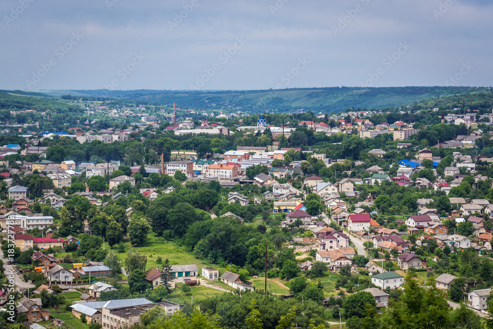 Distance view of Zalishchyky city in western Ukraine