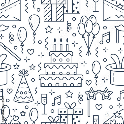Birthday party seamless pattern, flat line illustration. Vector icons of event agency, wedding organization - cake, balloons, gifts, invitation, kids entertainment. Cute repeated background.