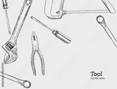 Repair, carpentry and woodwork work tools sketch icons set.