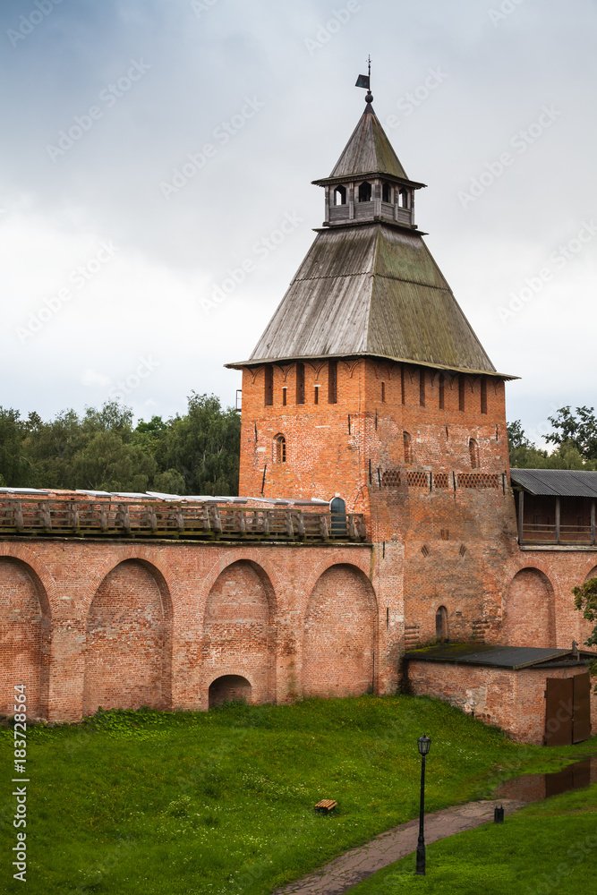 Detinets. Tower and wall. Kremlin of Novgorod