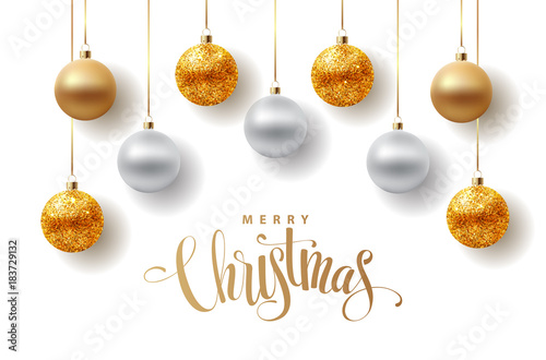 Poster for Christmas background flat design. Text with golden glitter balls, text calligraphy. Vector illustration