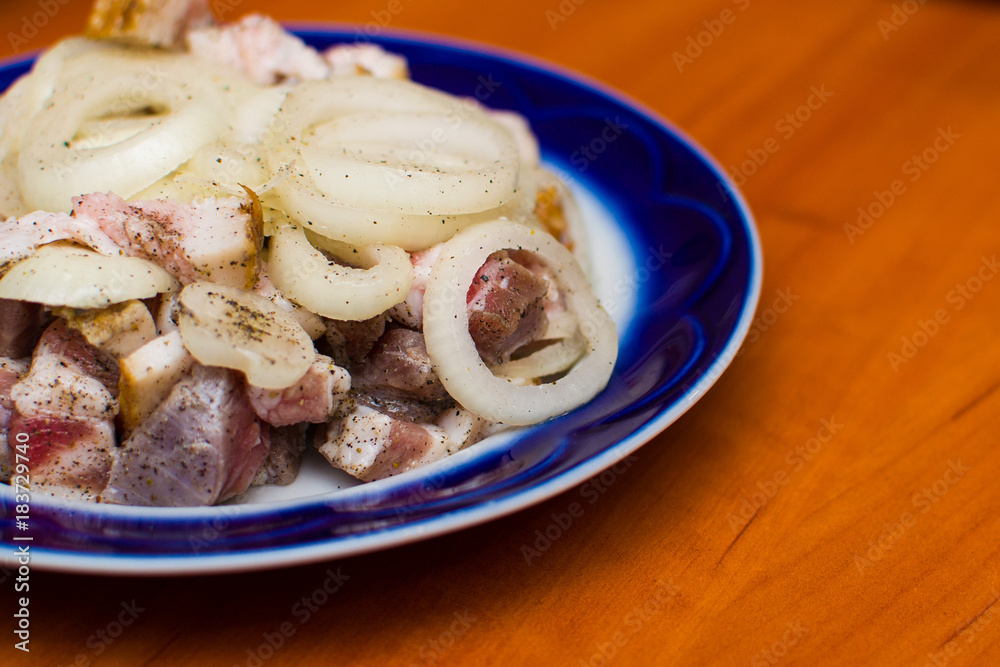 lard with onion and pepper. traditional cuisine lard with onion and pepper. traditional cuisine