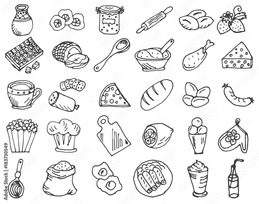 Food, kitchen doodles hand drawn sketchy vector characters and objects. Vector eps 10.