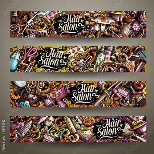 Cartoon colorful vector hand drawn doodles hair salon banners design