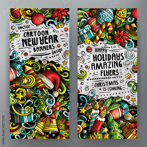 Cartoon cute colorful vector doodles New Year horizontal banners