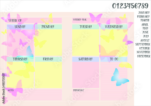 weekly planner book on the background with butterflies and names of months with numerals