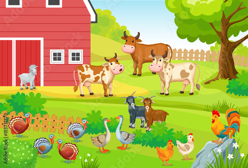 Animals life on the farm. Horizontal illustration for children books. © valadzionakvolha