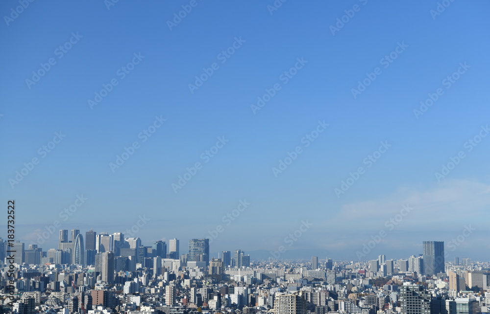 青空と富士山と新宿の高層ビル街などを望む