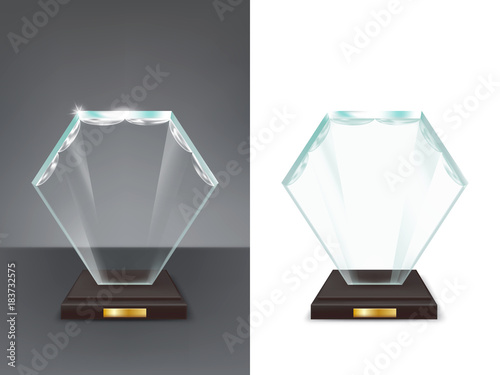 Realistic glass trophy, sport and business award, prize to the winner of the competition, winning cup, vector isolated illustration, front view