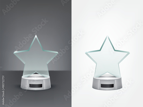 Realistic glass star trophy, sport and business award, prize to the winner of the competition, winning cup, vector isolated illustration, front view