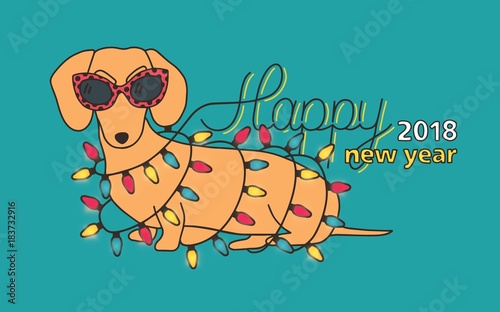Happy new 2018 year festive banner template with funny dachshund wearing sung...