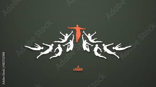 Leadership, freedom or happiness concept. Successful team leader. Vector illustration with people silhouette for business.