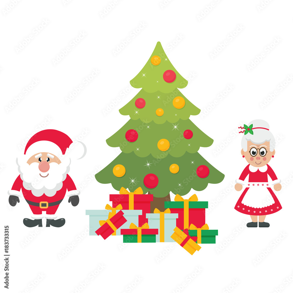 cartoon cute santa claus with christmas fir tree and gifts and mrs santa cartoon cute santa claus with christmas fir tree and gifts and mrs santa
