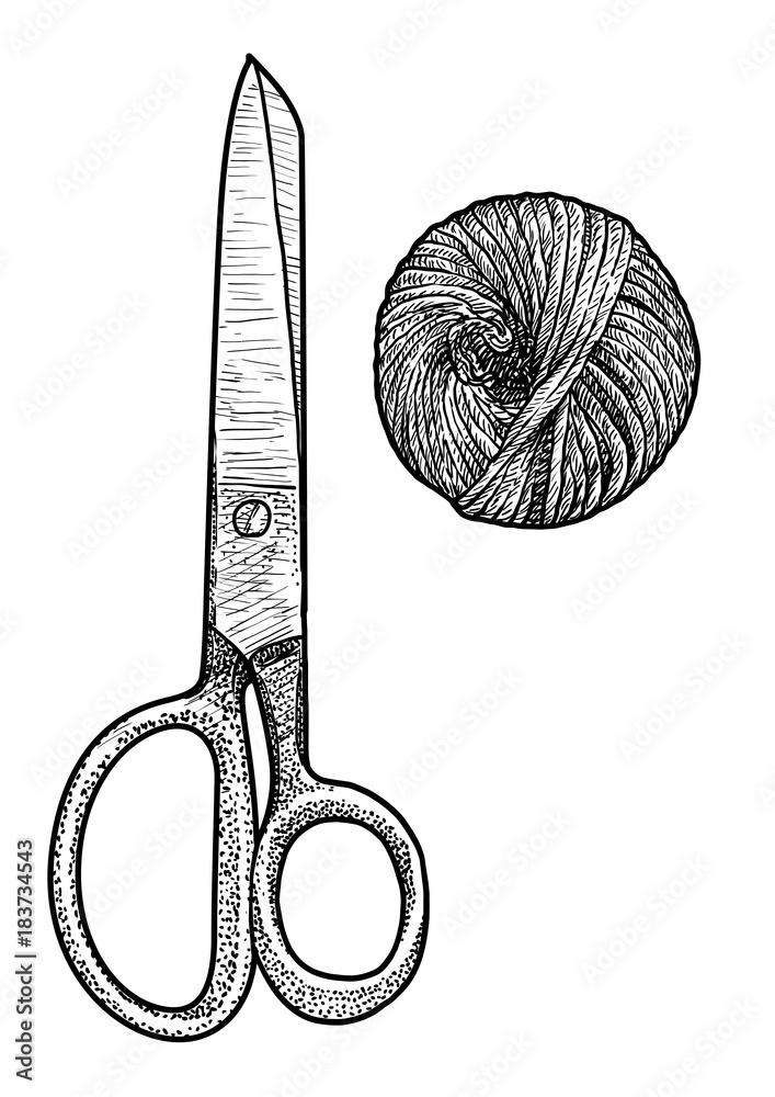 Scissor and twine illustration, drawing, engraving, ink, line art, vector Stock Vector Adobe Stock