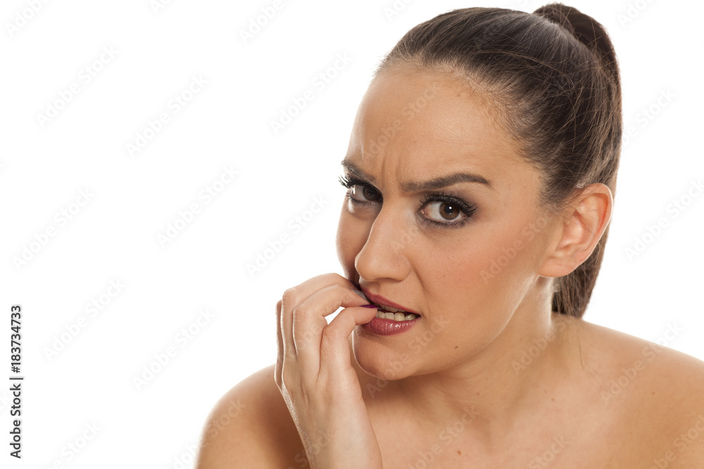 beautiful young frustrated woman posing on white background beautiful young frustrated woman posing on white background