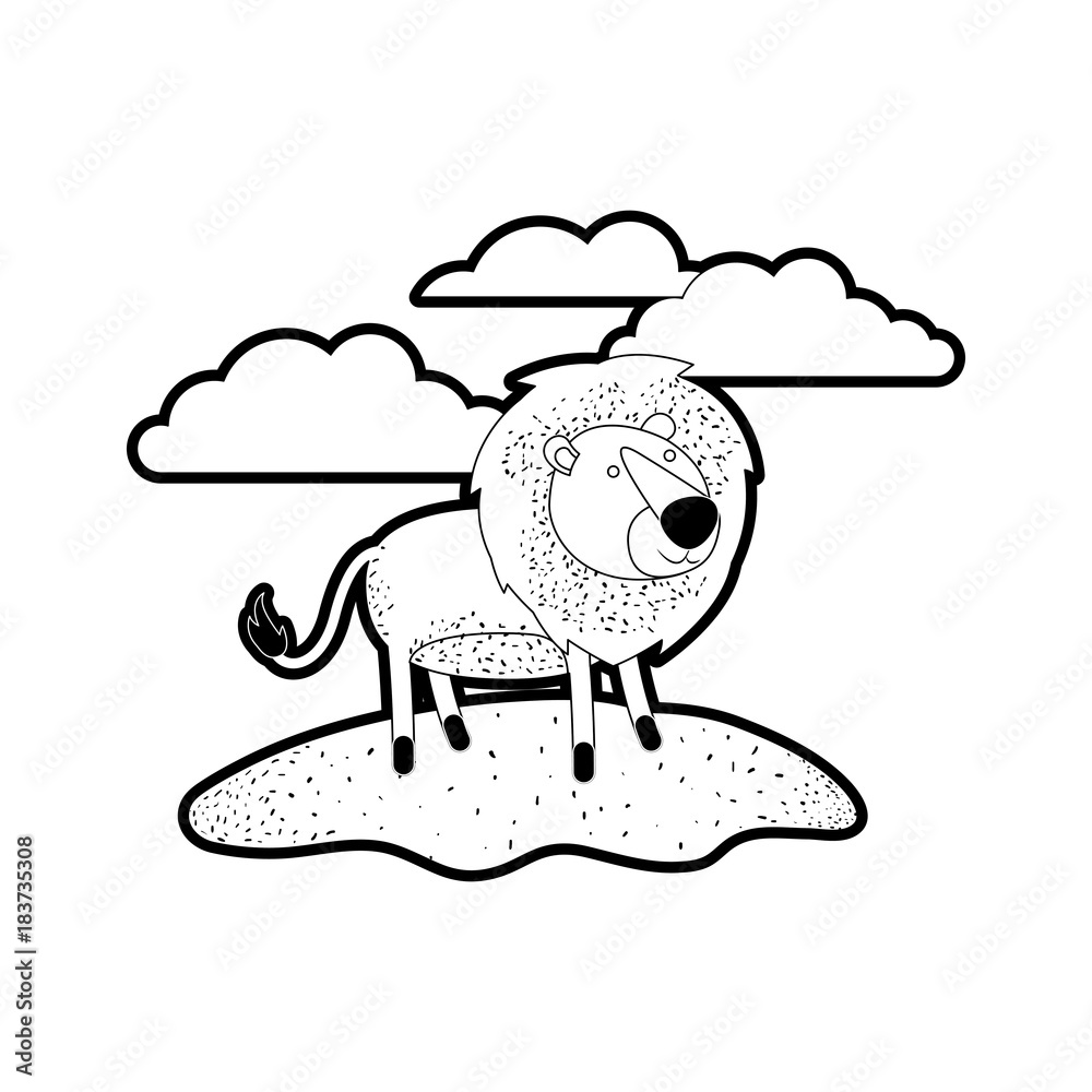 Obraz premium lion cartoon in outdoor scene with clouds in black silhouette with thick contour vector illustration