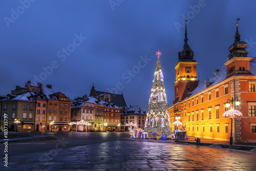 Warsaw, Castle Square during the Christmas holidays at night, Poland