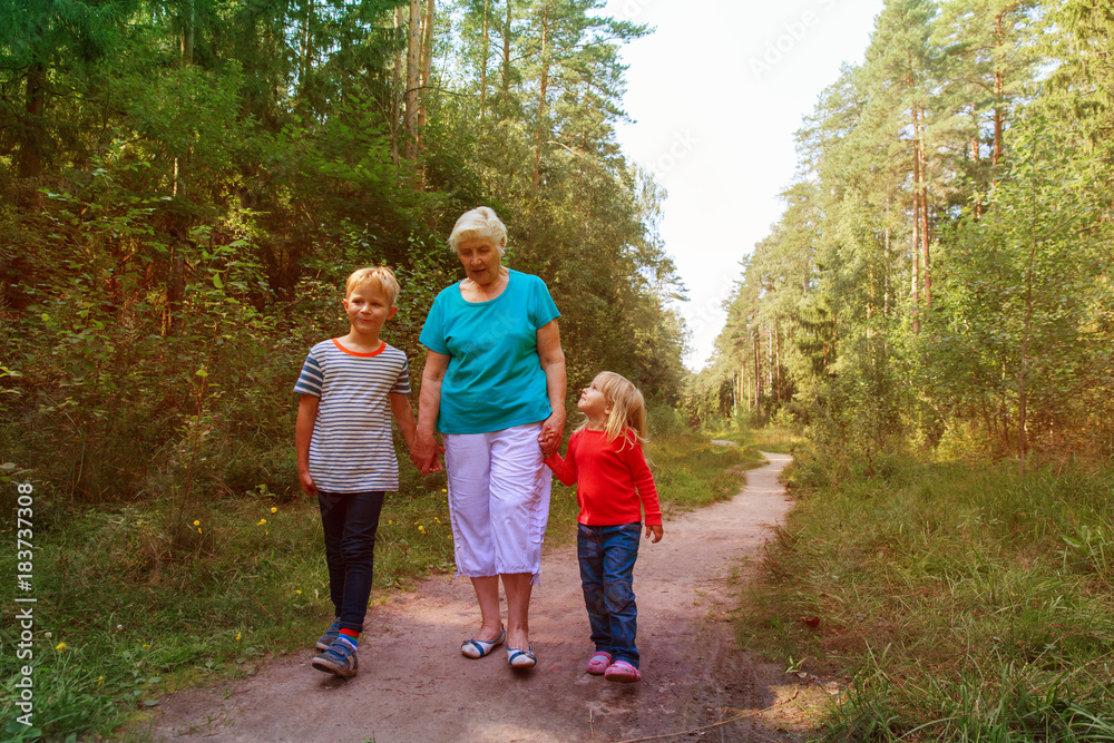 happy senior grandmother with kids walk in nature happy senior grandmother with kids walk in nature