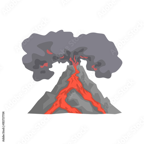 Volcanic eruption, lava flowing down the mountain, volcano with dust cloud vector Illustration