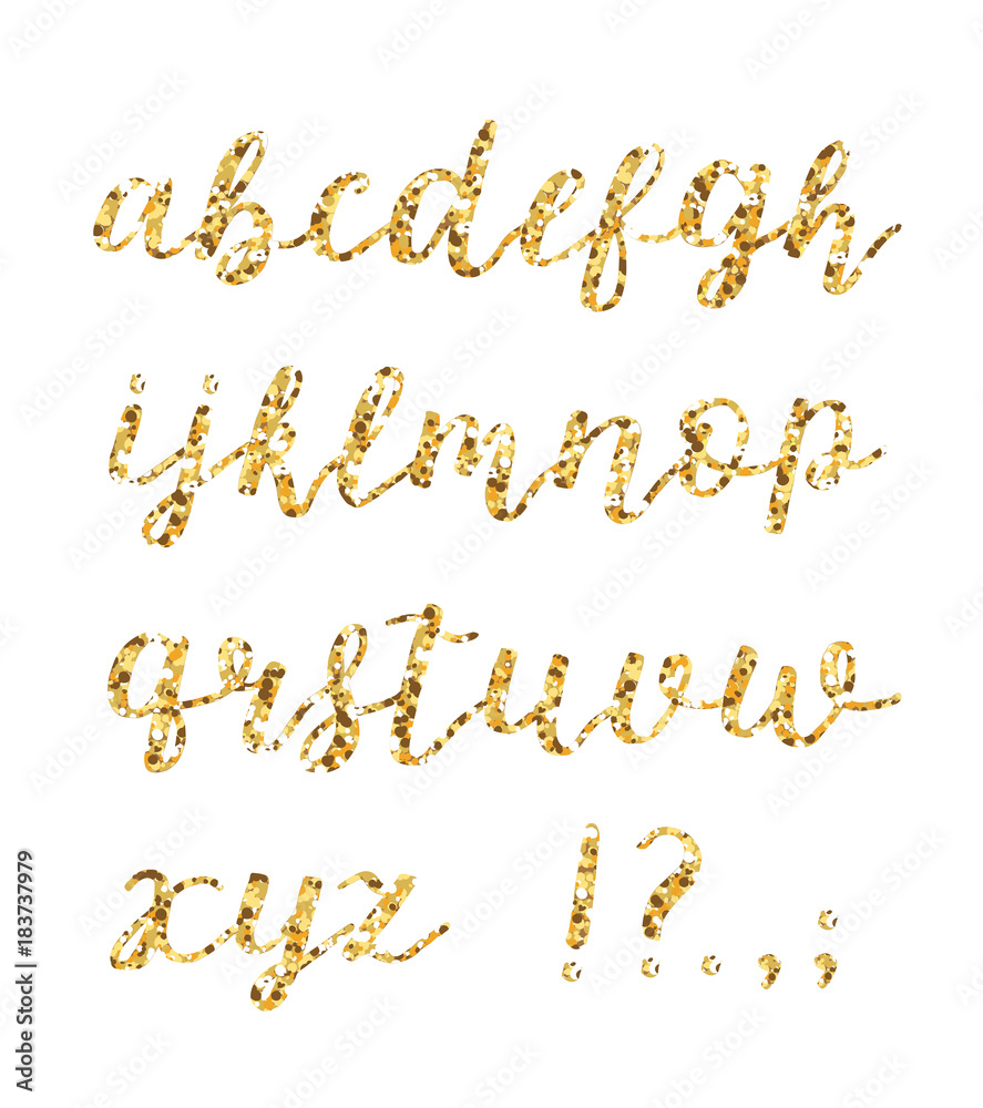 Golden glitter alphabet. Brush glowing vector font. Handdrawn calligraphy font.
