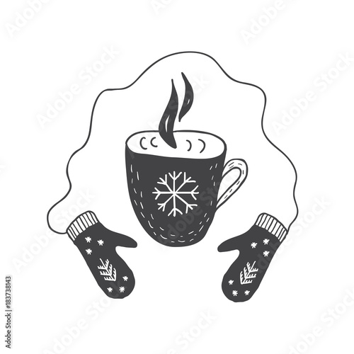 Mittens and cup of hot tea or coffee. Minimalist scandinavian style. Graphic for kids card, print for t-shirt and more.