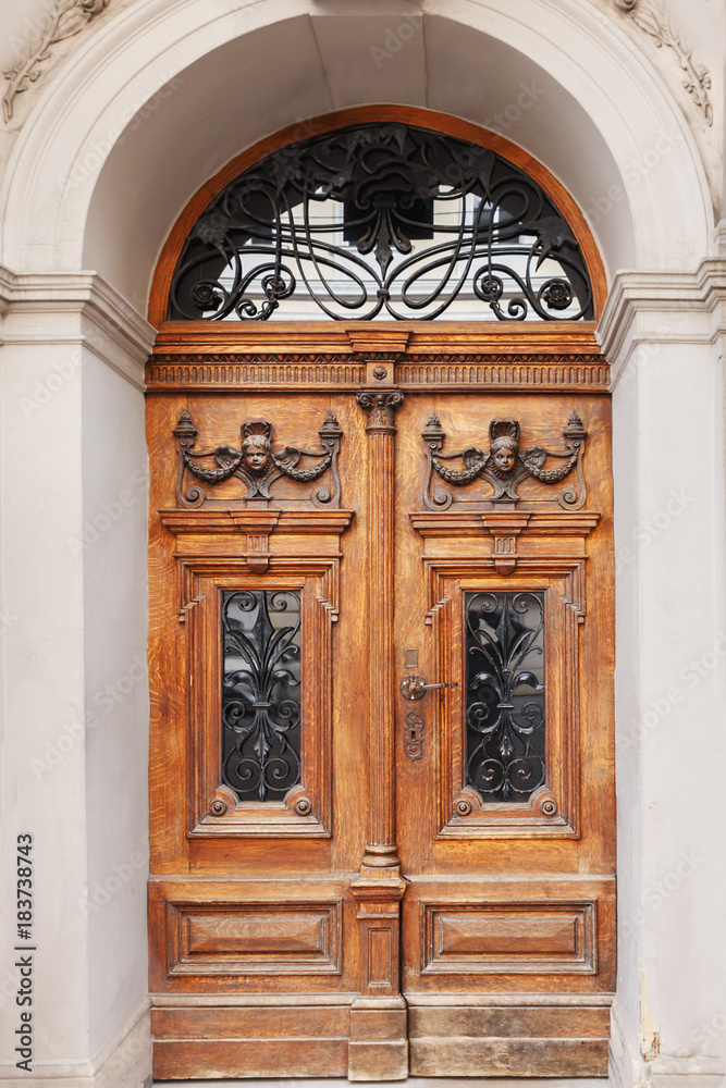 beautiful wood door with trim metal decorations closeup