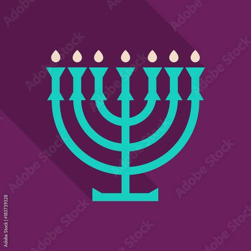 Menorah 9 candle candelabrum vector illustration. Holiday of Hanukkah element. Jewish symbol for celebration of Chanukah or Festival of Lights. Feast of Dedication lamp icon or festivity item.