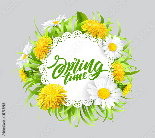 Fototapeta Naklejka Na Ścianę i Meble -  Inscription Spring Time on fresh spring background with grass, dandelions and daisies.