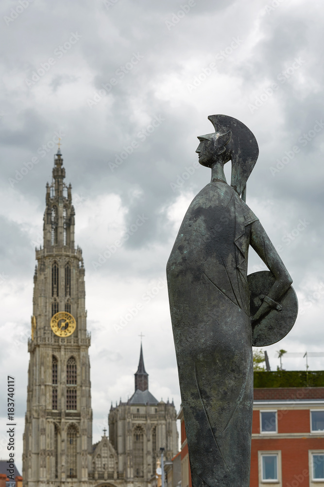 Fototapeta premium Statue and cathedral in Antwerp in Belgium