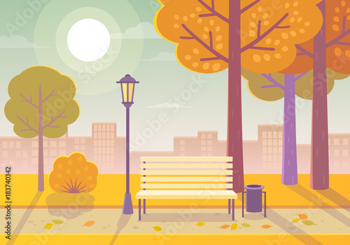 Vector illustration of a beautiful autumn city park with town building background. Evening in the park.