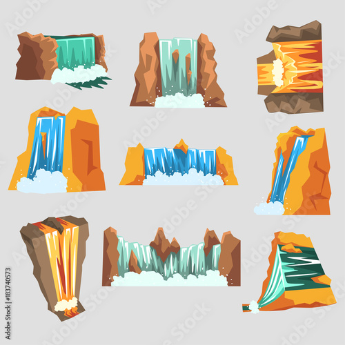 Waterfalls set, cascading streams of various shape cartoon vector Illustrations