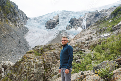 Man in Front of Buerdalen glacier