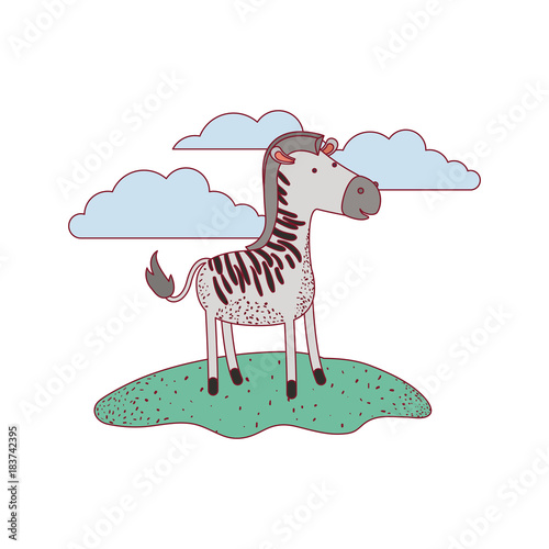 zebra cartoon in outdoor scene with clouds on colorful silhouette with thin contour vector illustration