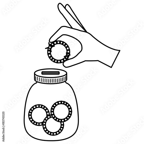 hand saver with glass jar and coins money vector illustration design