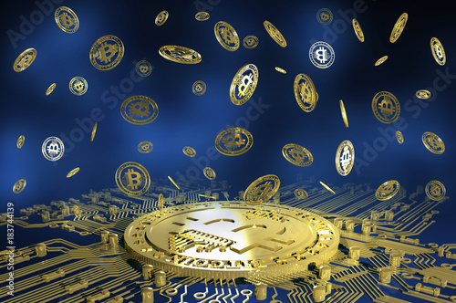 Virtual cryptocurrency concept with golden coins of bitcoin