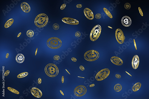 Virtual cryptocurrency concept with golden coins of bitcoin