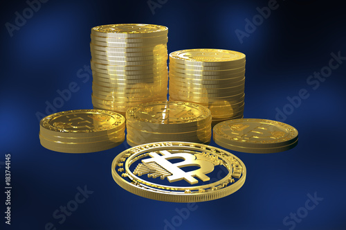 Virtual cryptocurrency concept with golden coins of bitcoin
