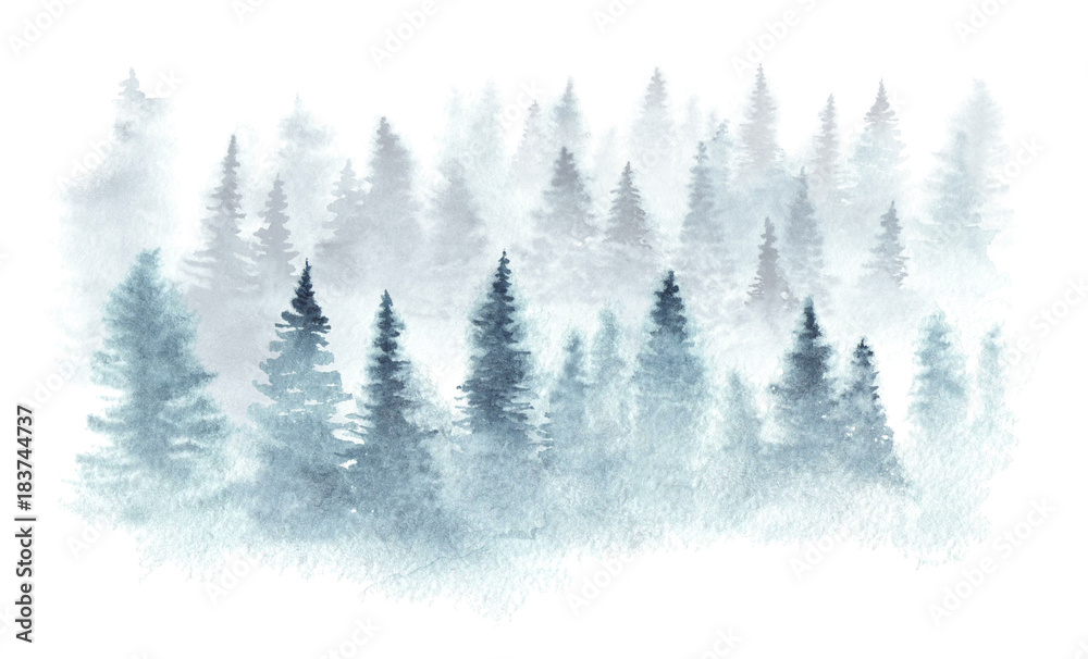 Fototapeta premium Zimowy las we mgle malowany akwarelą.