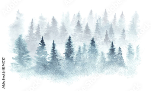 Winter forest in a fog painted in watercolor. © Juliautumn