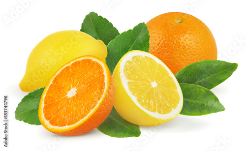 Lemon and orange with leaves isolated on white background.