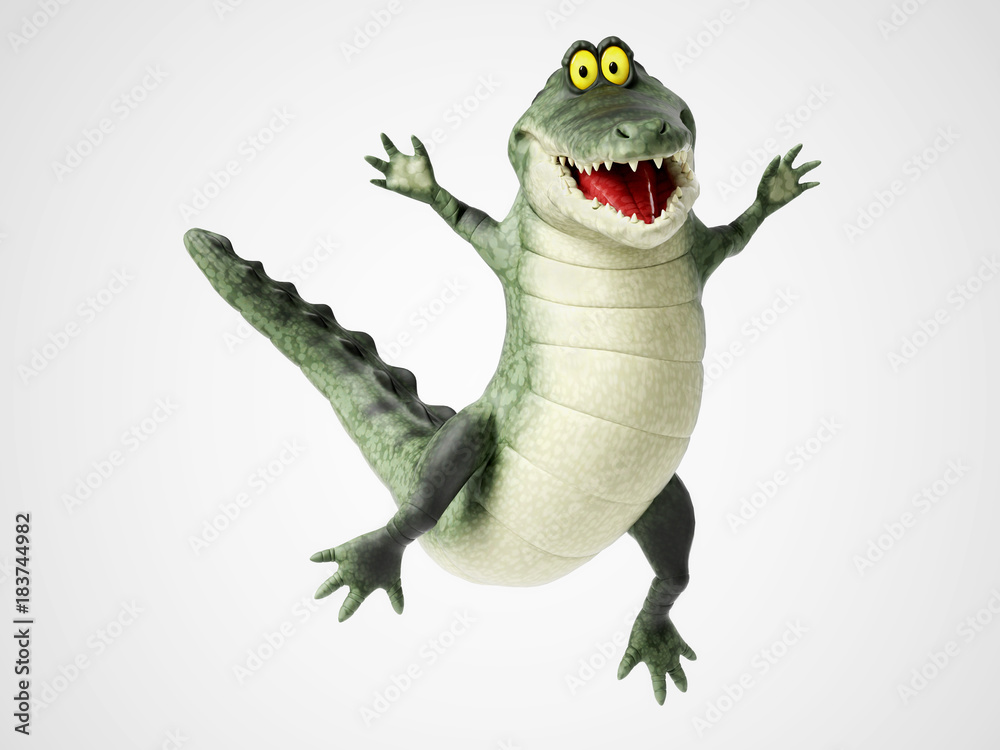 Naklejka premium 3D rendering of a cartoon crocodile jumping for joy.